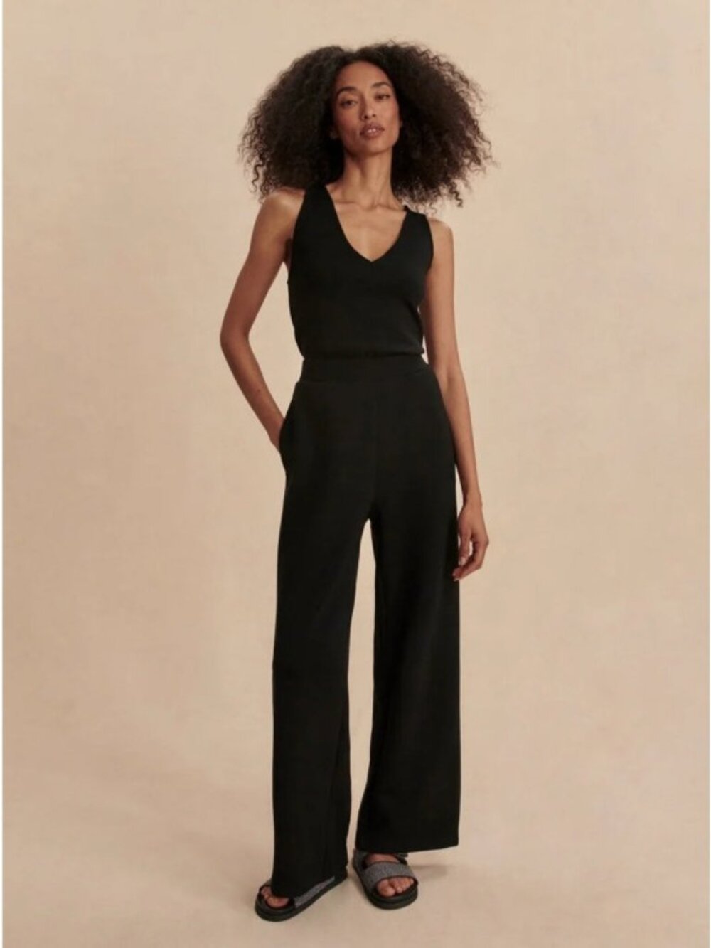 Varley Alina DoubleSoft Wide Leg Jumpsuit Black Small V Neck Stretch